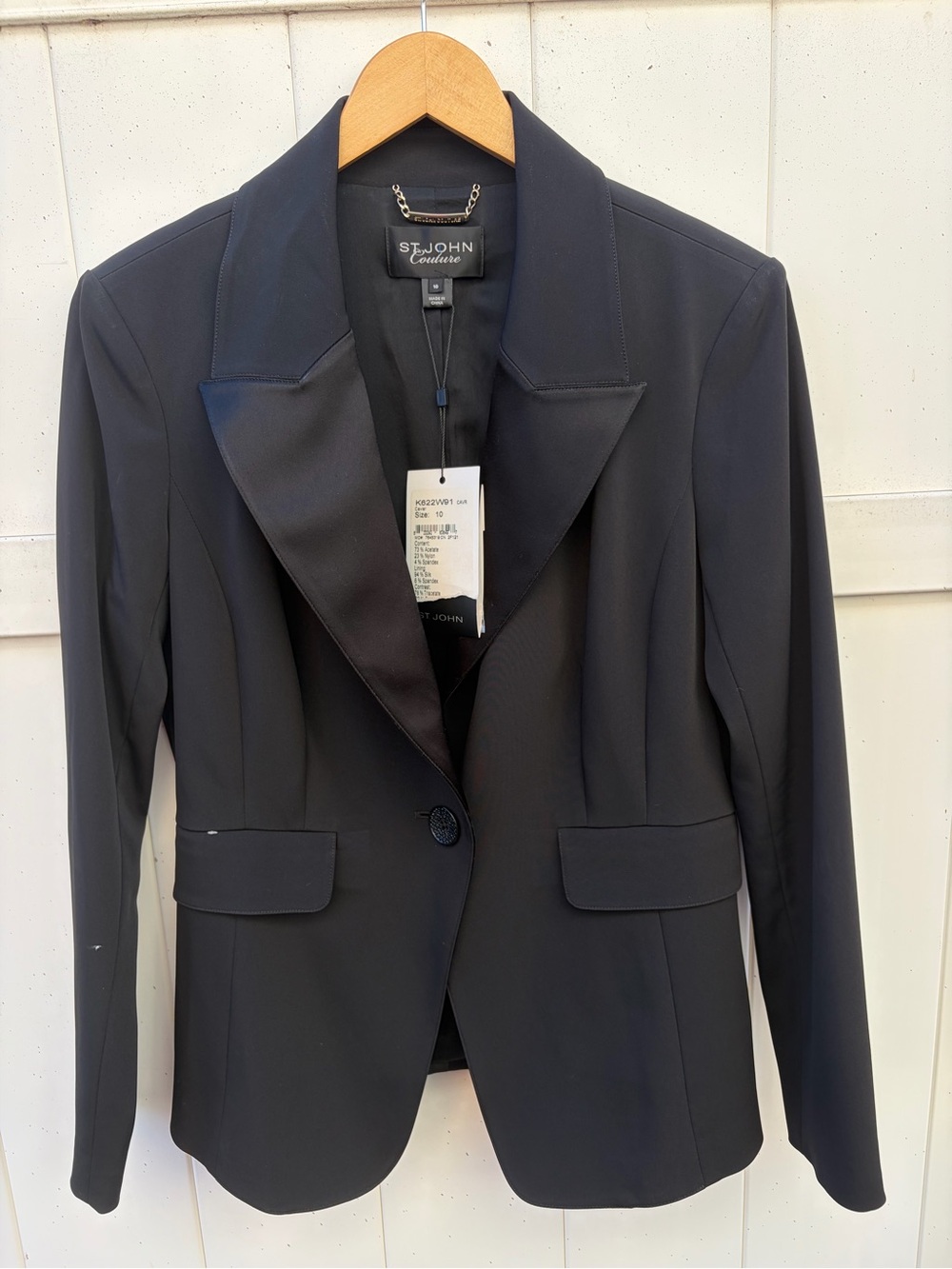 NWT St. John Collection Black Satin-Lapel Blazer Silk Lined Size 10 Evening